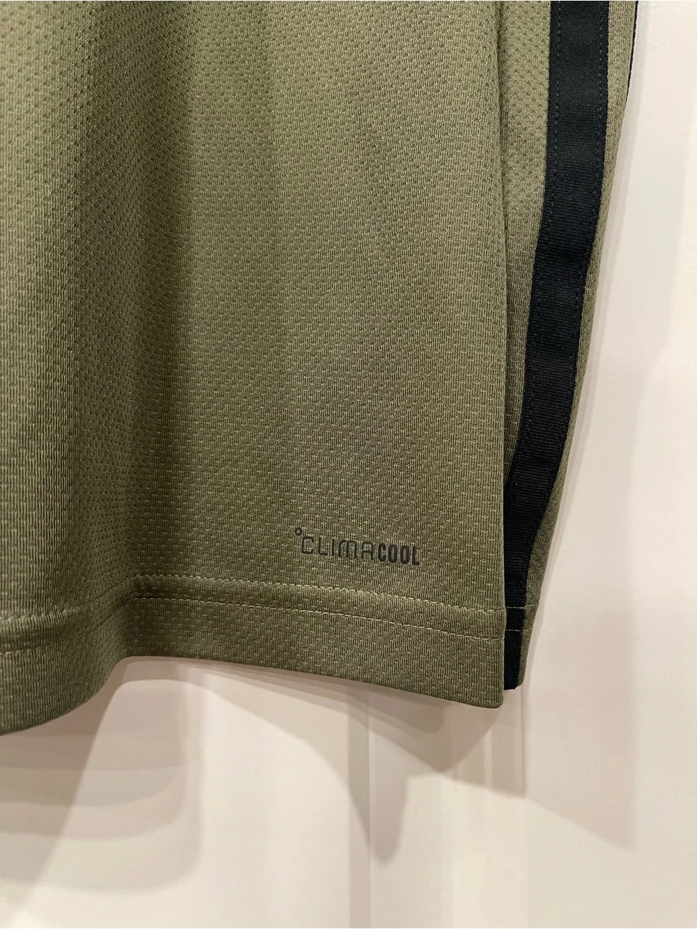adidas Olive Green Short Sleeve Performance Tee with Black Stripes